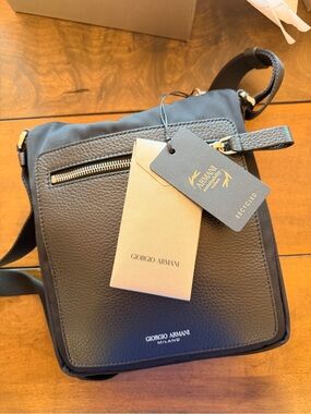 Giorgio Armani Black Leather Front Crossbody Messenger Bag
